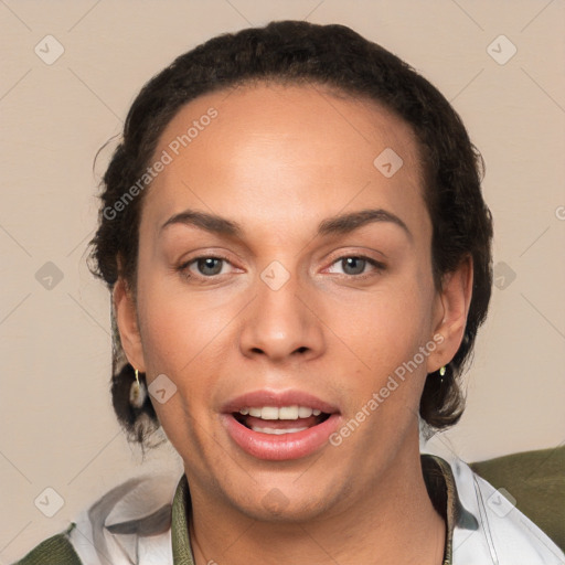 Joyful white adult female with medium  brown hair and brown eyes