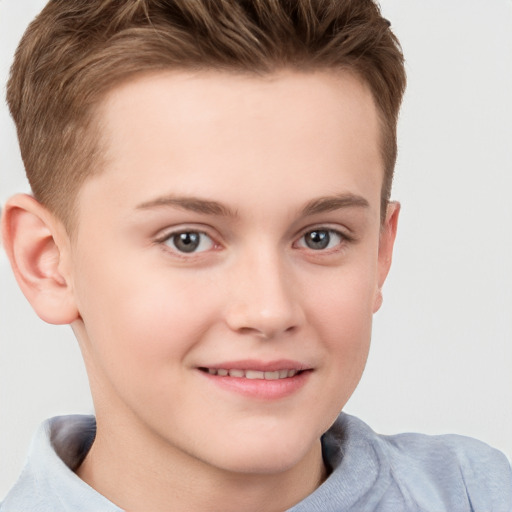 Joyful white child female with short  brown hair and brown eyes