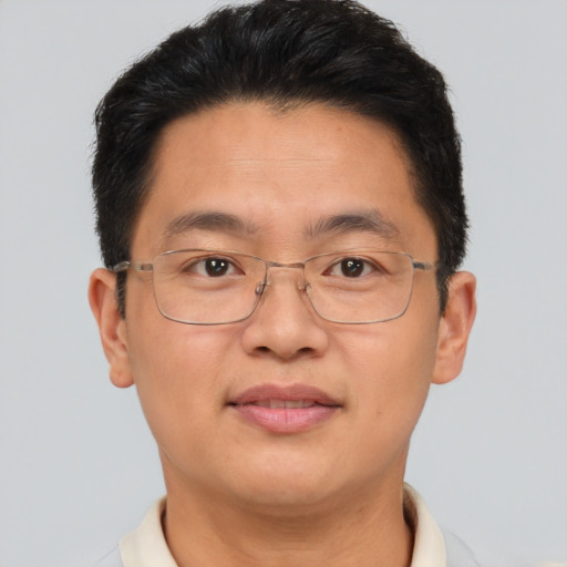 Joyful asian adult male with short  brown hair and brown eyes