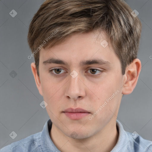 Neutral white young-adult male with short  brown hair and grey eyes