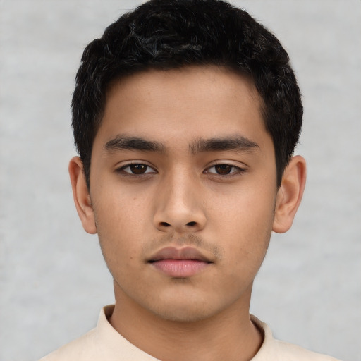Neutral asian child male with short  black hair and brown eyes