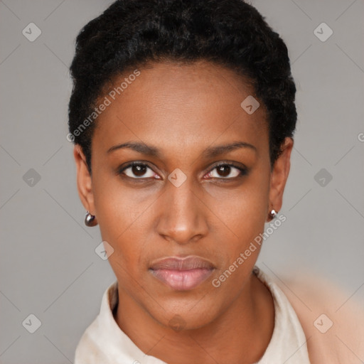 Neutral black young-adult female with short  black hair and brown eyes