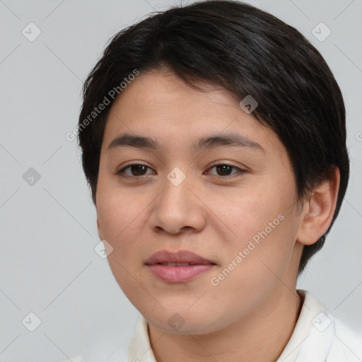 Joyful asian young-adult female with short  brown hair and brown eyes