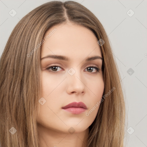 Neutral white young-adult female with long  brown hair and brown eyes