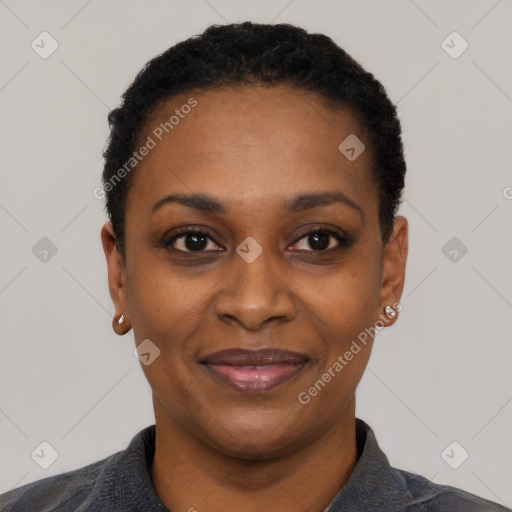 Joyful black adult female with short  black hair and brown eyes