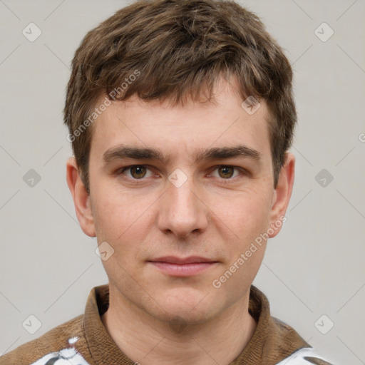 Neutral white young-adult male with short  brown hair and grey eyes