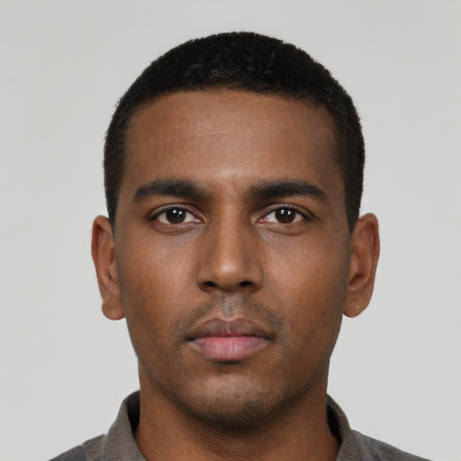 Neutral black young-adult male with short  black hair and brown eyes