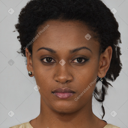 Neutral black young-adult female with short  black hair and brown eyes