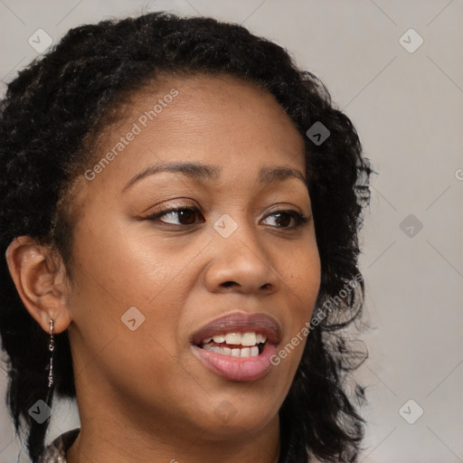 Joyful black young-adult female with long  brown hair and brown eyes