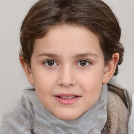 Joyful white child female with medium  brown hair and brown eyes