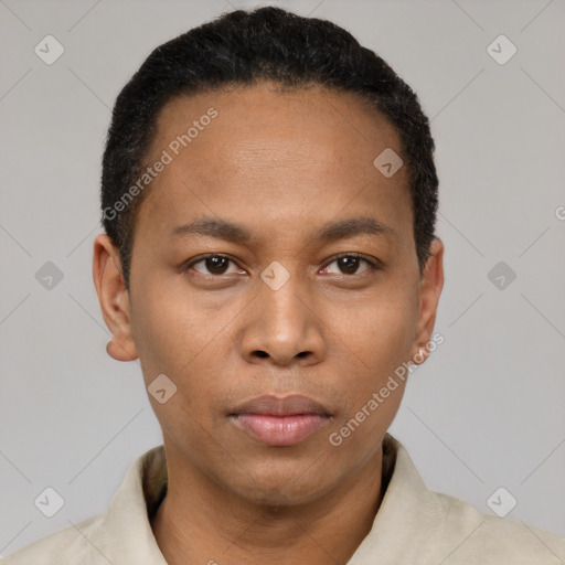 Neutral white young-adult male with short  black hair and brown eyes