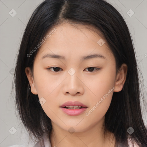 Neutral asian young-adult female with medium  brown hair and brown eyes