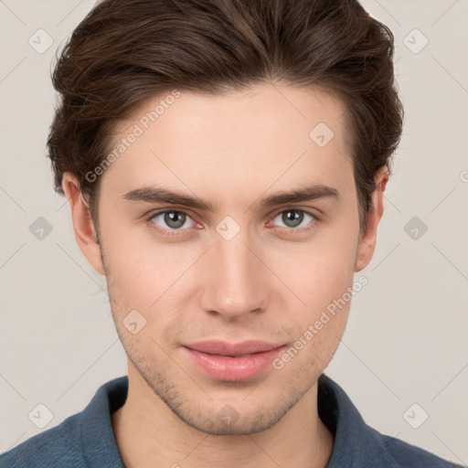 Neutral white young-adult male with short  brown hair and brown eyes