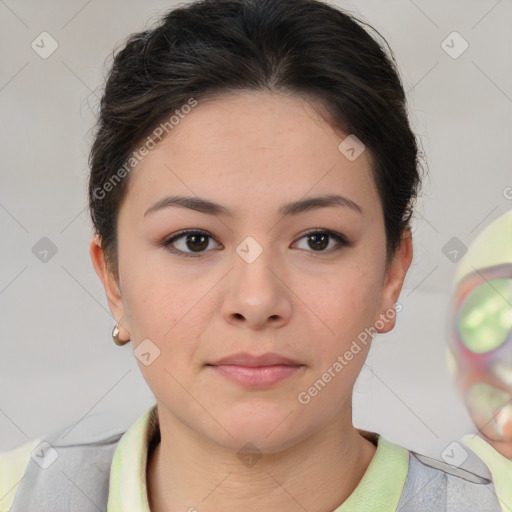 Neutral white young-adult female with short  brown hair and brown eyes