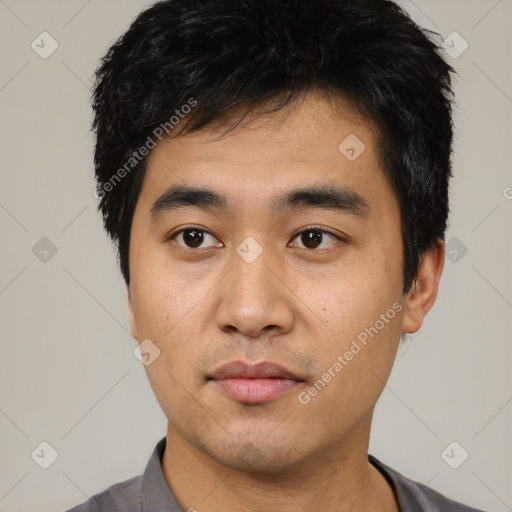 Neutral asian young-adult male with short  black hair and brown eyes