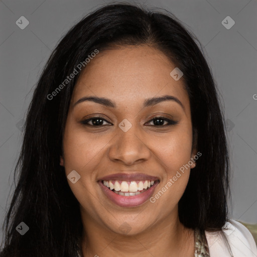 Joyful latino young-adult female with long  brown hair and brown eyes