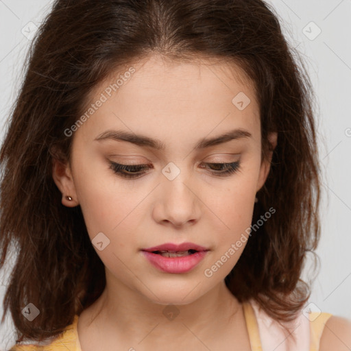 Neutral white young-adult female with medium  brown hair and brown eyes