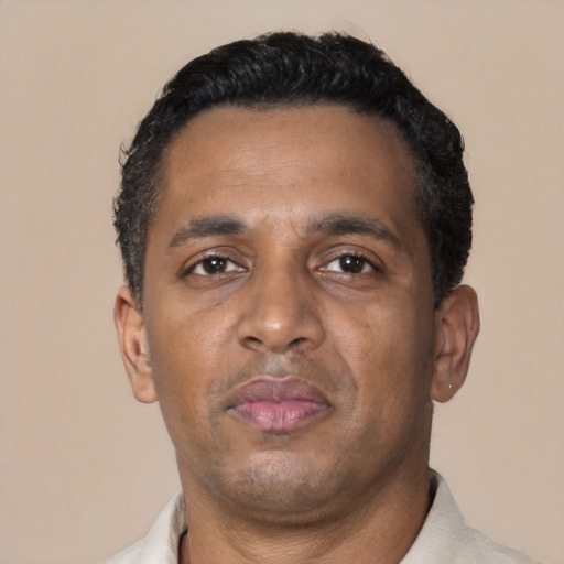 Neutral black adult male with short  black hair and brown eyes