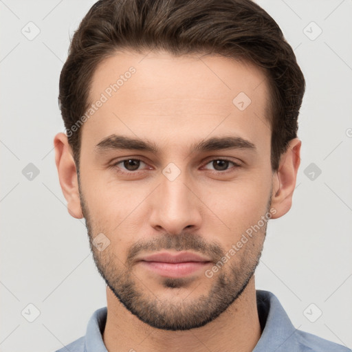 Neutral white young-adult male with short  brown hair and brown eyes