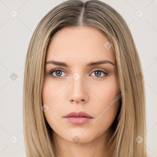 Neutral white young-adult female with long  brown hair and brown eyes