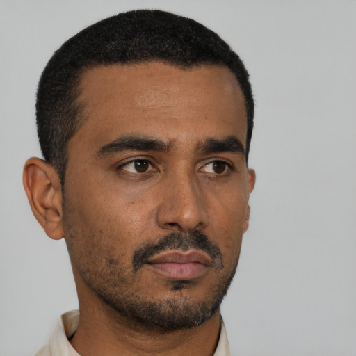 Neutral black young-adult male with short  black hair and brown eyes