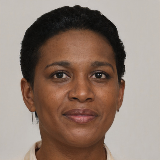 Joyful black adult female with short  brown hair and brown eyes