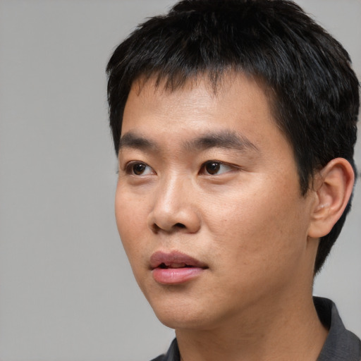Neutral asian young-adult male with short  black hair and brown eyes