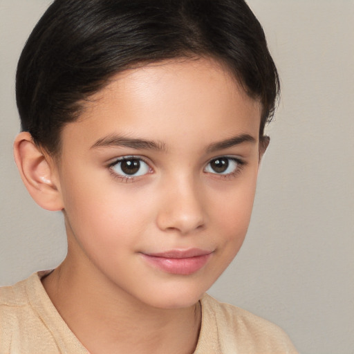 Joyful white child female with medium  brown hair and brown eyes