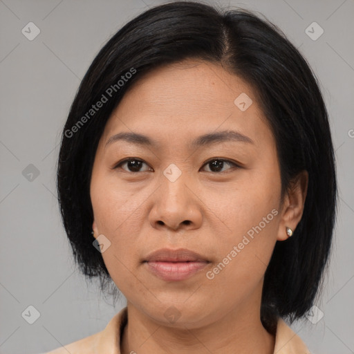 Joyful asian adult female with medium  brown hair and brown eyes