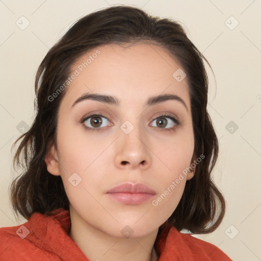 Neutral white young-adult female with medium  brown hair and brown eyes