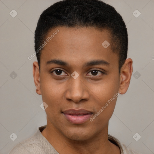 Joyful latino young-adult male with short  brown hair and brown eyes