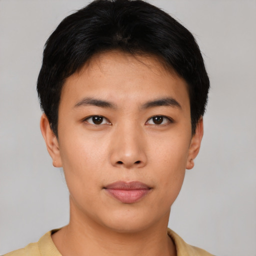 Neutral asian young-adult male with short  brown hair and brown eyes