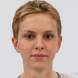 Neutral white young-adult female with short  brown hair and brown eyes