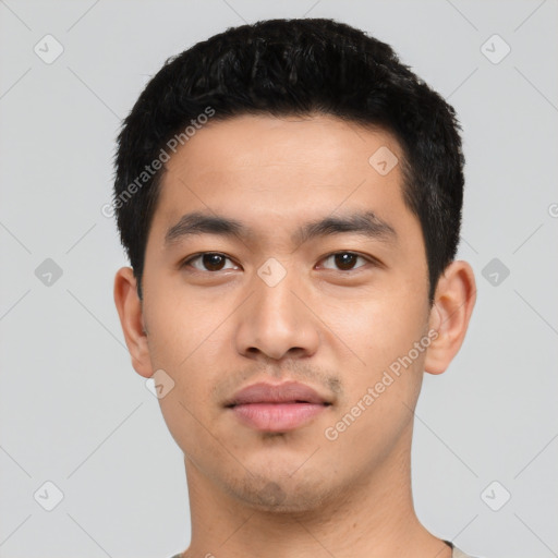 Neutral asian young-adult male with short  black hair and brown eyes