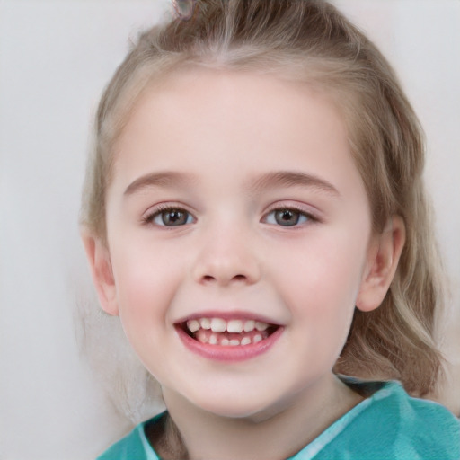 Joyful white child female with medium  brown hair and grey eyes