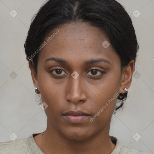 Neutral asian young-adult female with short  brown hair and brown eyes