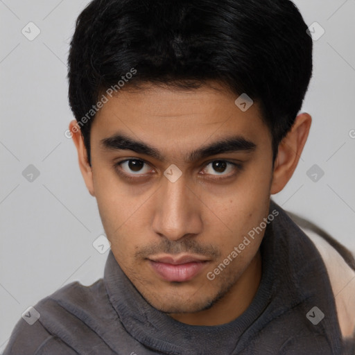 Neutral latino young-adult male with short  black hair and brown eyes