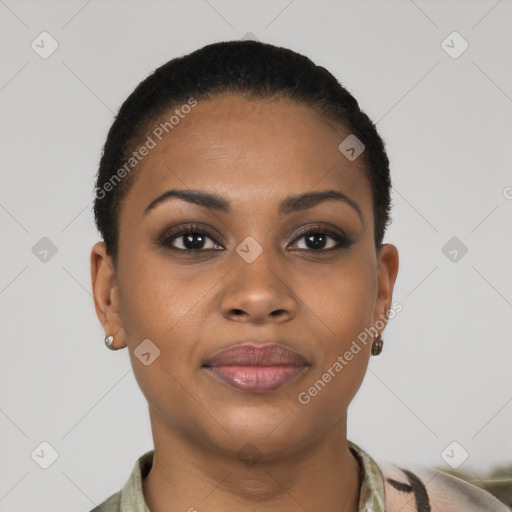 Joyful black young-adult female with short  brown hair and brown eyes