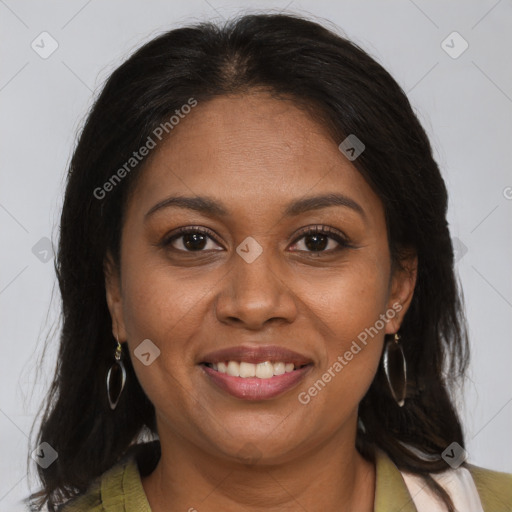 Joyful black young-adult female with medium  brown hair and brown eyes