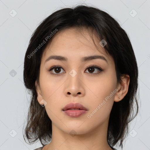 Neutral asian young-adult female with medium  brown hair and brown eyes