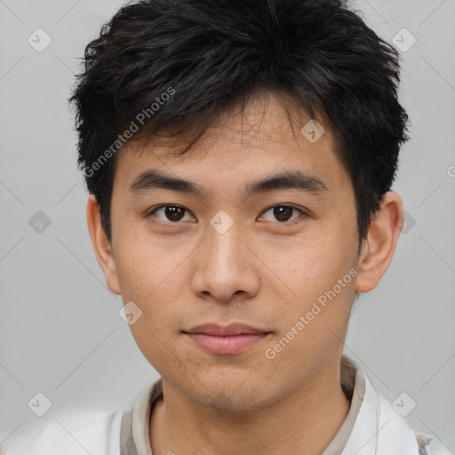 Neutral asian young-adult male with short  brown hair and brown eyes