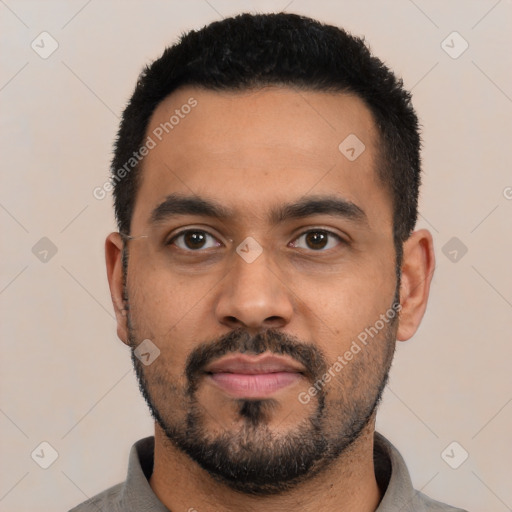 Neutral latino young-adult male with short  black hair and brown eyes