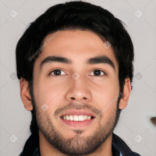 Joyful white young-adult male with short  black hair and brown eyes