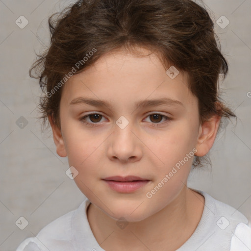 Joyful white child female with medium  brown hair and brown eyes