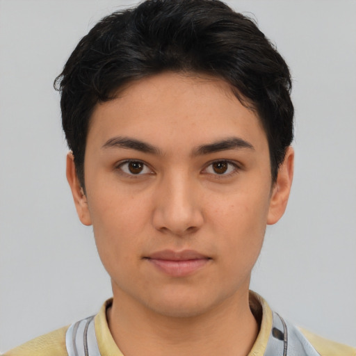 Neutral latino young-adult female with short  brown hair and brown eyes