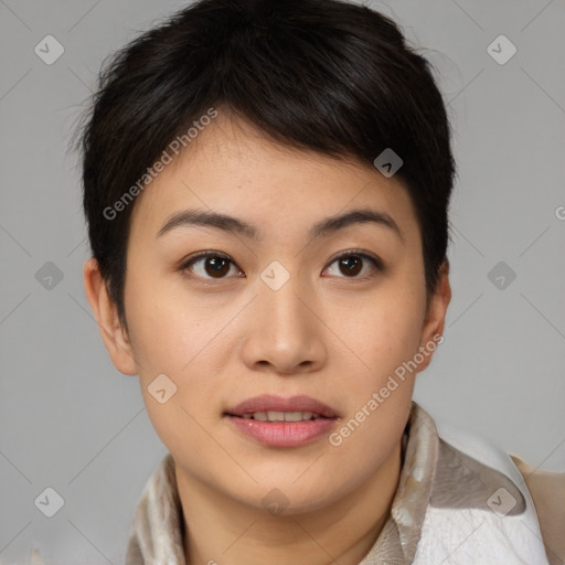 Joyful latino young-adult female with medium  brown hair and brown eyes