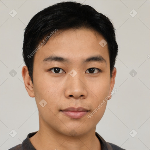 Neutral asian young-adult male with short  black hair and brown eyes