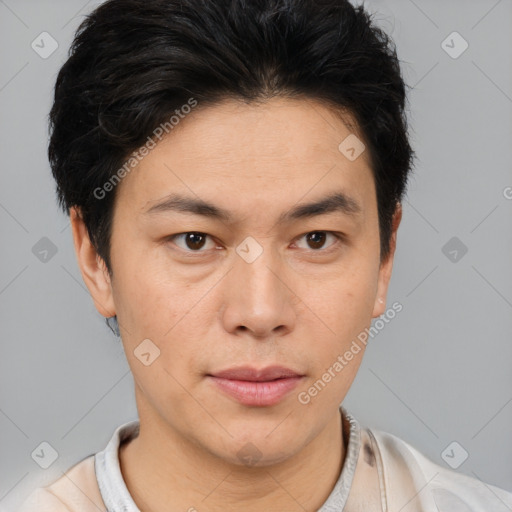 Neutral asian young-adult male with short  brown hair and brown eyes