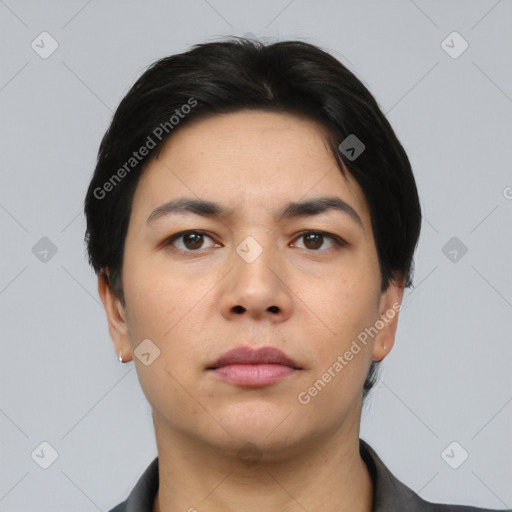 Neutral asian young-adult male with short  black hair and brown eyes