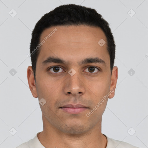 Neutral latino young-adult male with short  black hair and brown eyes